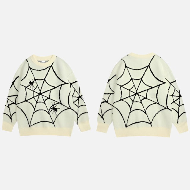 Full Print Spider Web Graphic Pullover Sweater