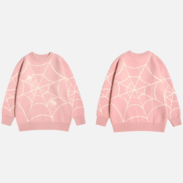 Full Print Spider Web Graphic Pullover Sweater