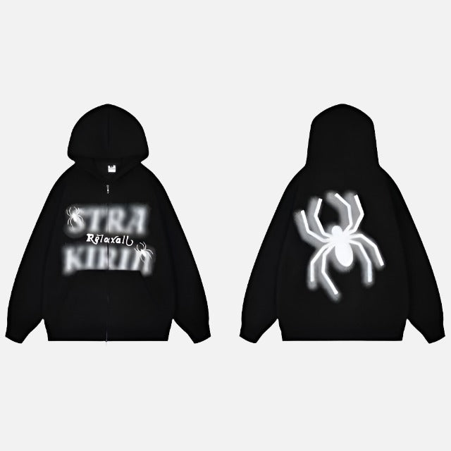 Spider Letter Print Fluffy Zip Up Hoodie