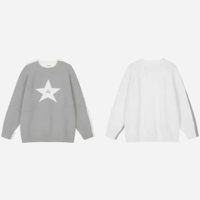 Y2k Solid Color Star Knit Casual Sweater