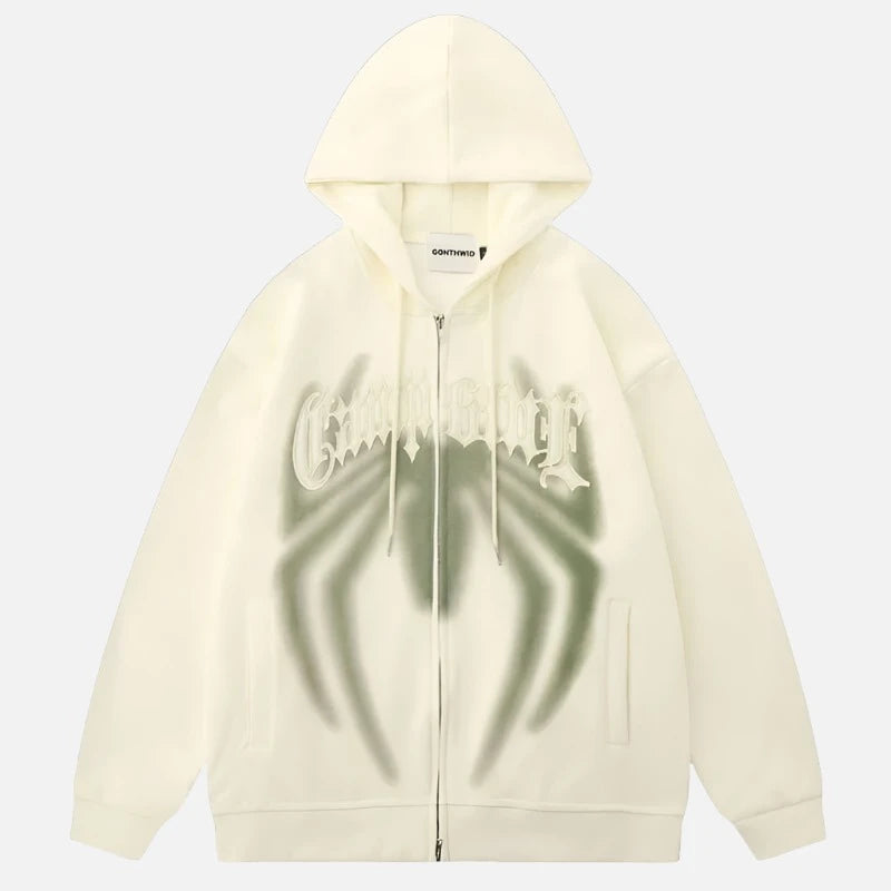 Zip Up Drawstring Spider Shadow Hoodie