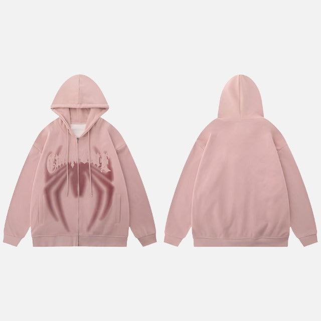 Zip Up Drawstring Spider Shadow Hoodie