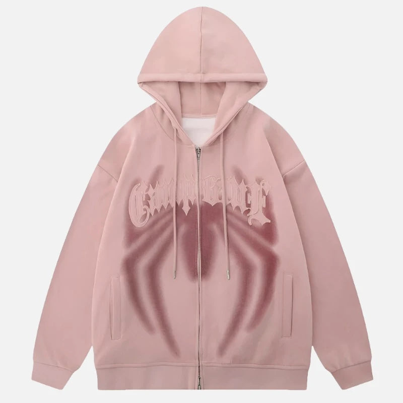 Zip Up Drawstring Spider Shadow Hoodie