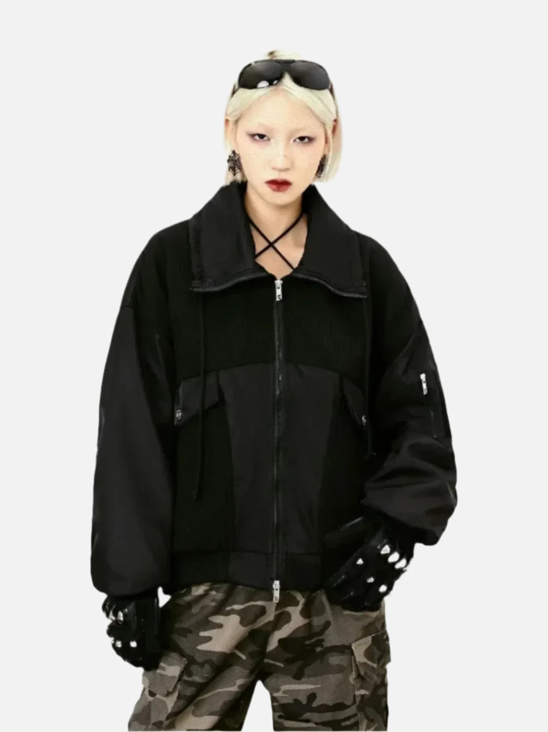 Large Pocket Patchwork Zip-up Bomber Jacket