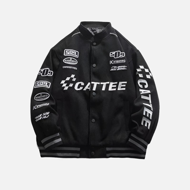 Oversized Buttoned Patchwork Label Racing Jacket