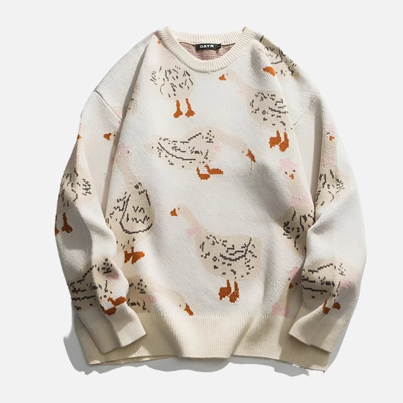 Fall Duck Goose Print Pullover Knit Sweater