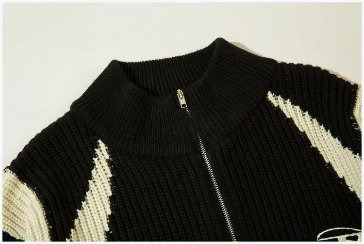 Knitted Pattern Block Zipper Cardigan