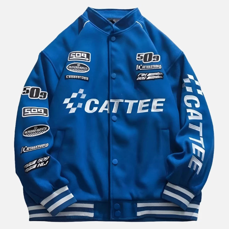 Oversized Buttoned Patchwork Label Racing Jacket