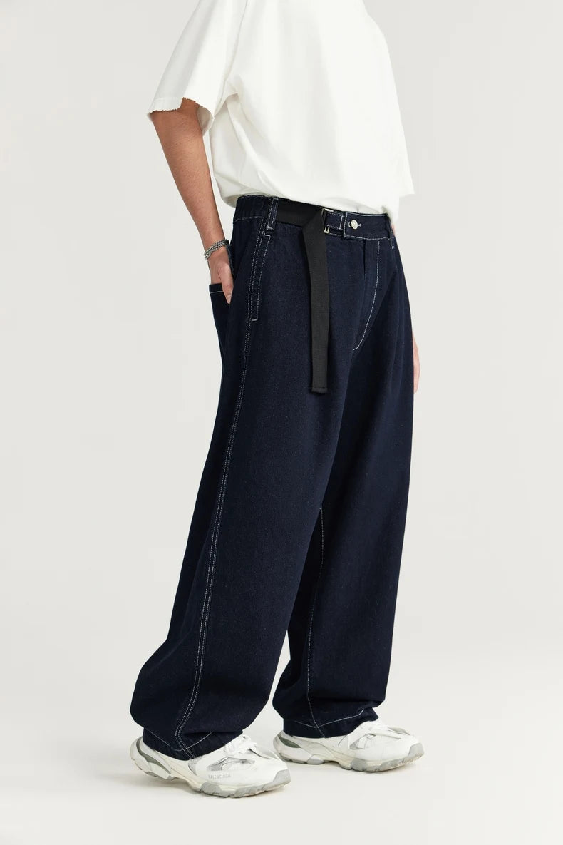 Belt Stitching Wide-Leg Jeans