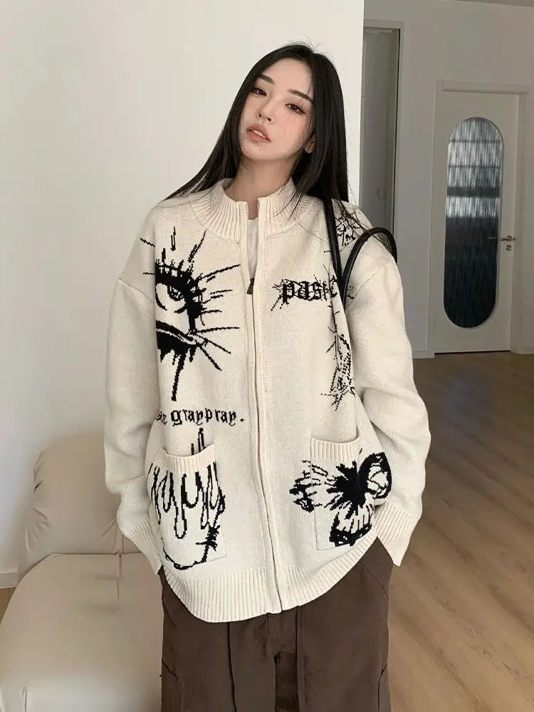 Vintage Graphic Zip-Up Knitted Cardigan