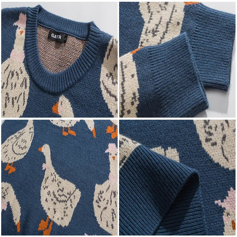 Fall Duck Goose Print Pullover Knit Sweater