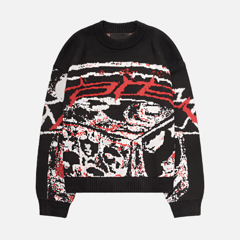 Red Distortion Knit Wide Print Sweater