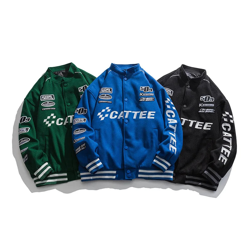 Oversized Buttoned Patchwork Label Racing Jacket