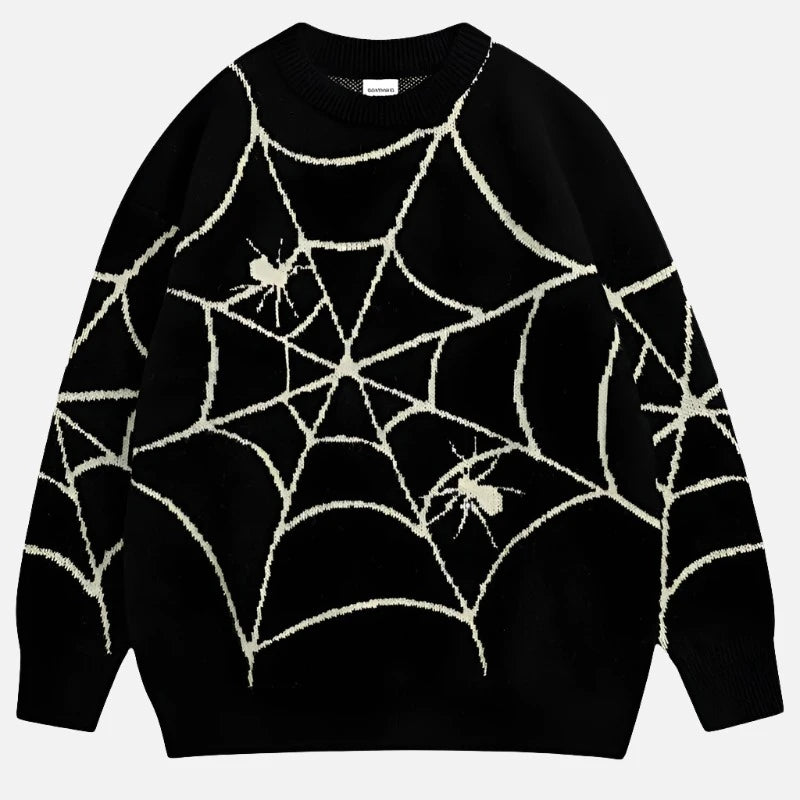 Full Print Spider Web Graphic Pullover Sweater