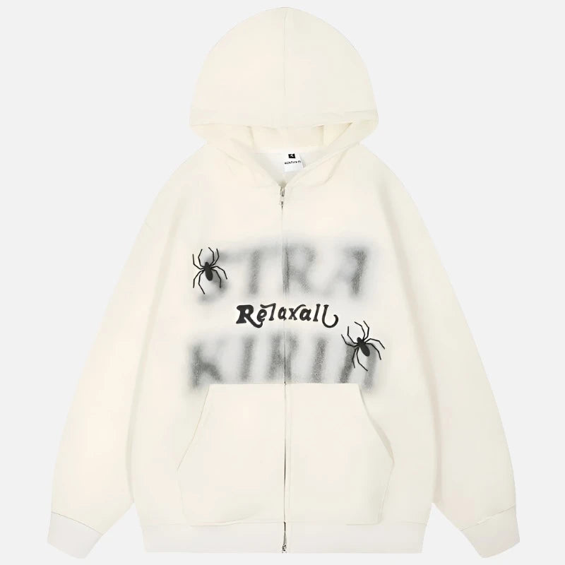 Spider Letter Print Fluffy Zip Up Hoodie