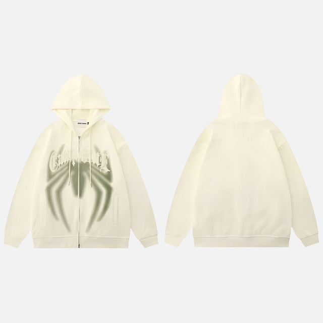 Zip Up Drawstring Spider Shadow Hoodie