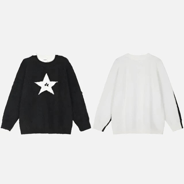 Y2k Solid Color Star Knit Casual Sweater