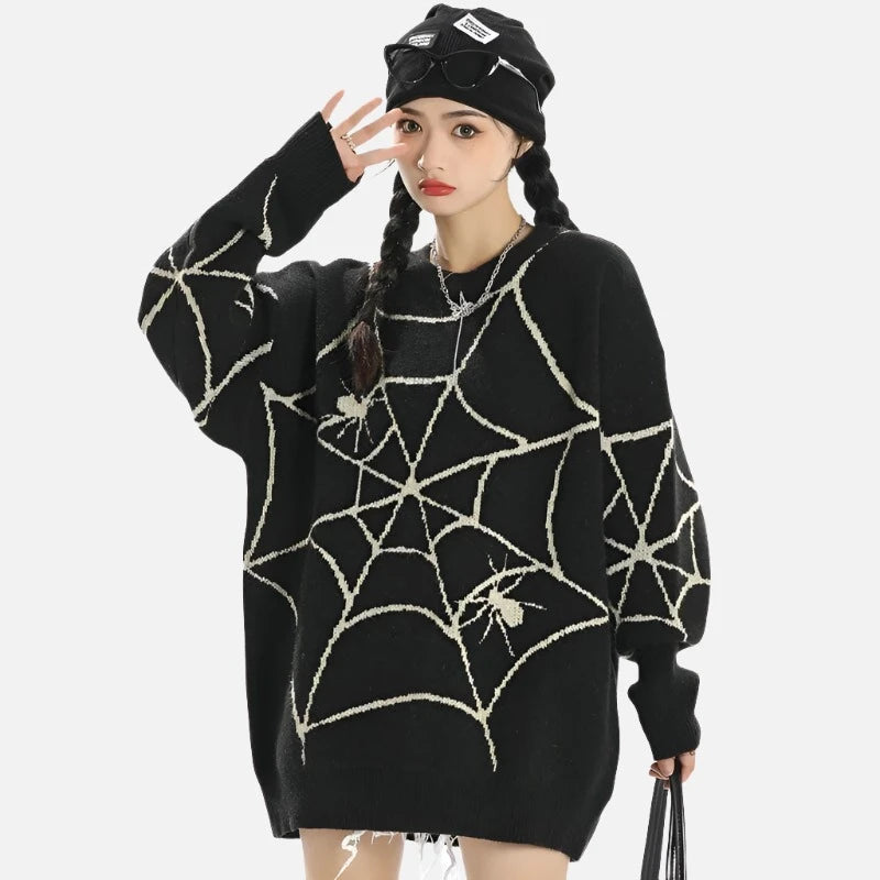 Full Print Spider Web Graphic Pullover Sweater