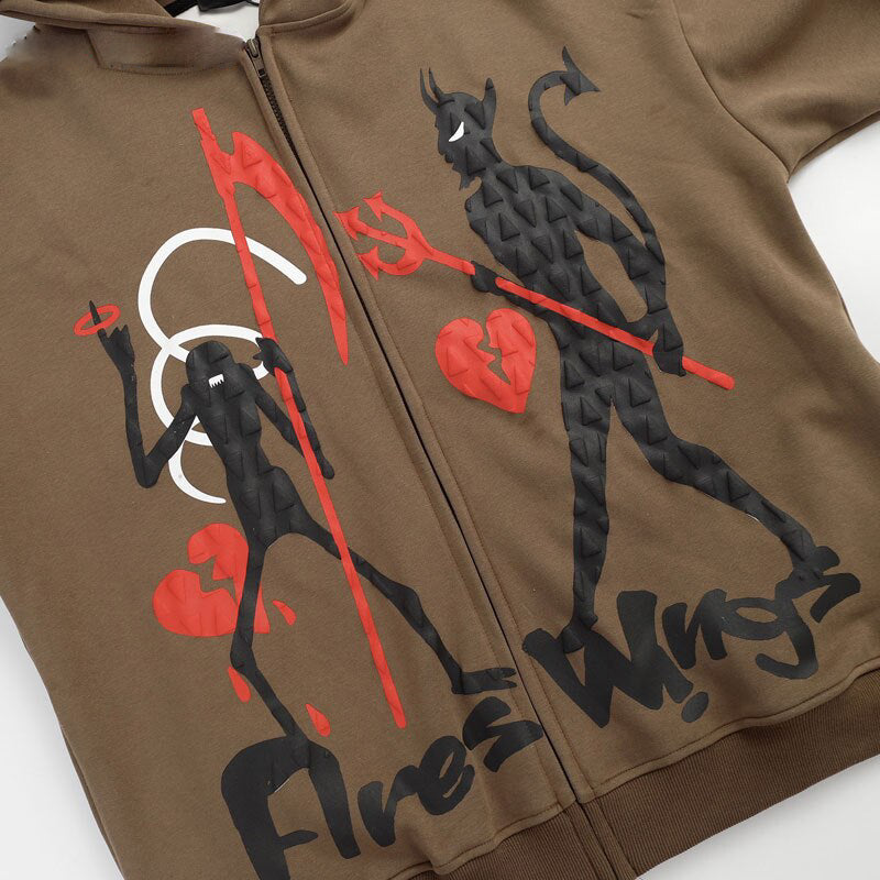 Devil Heart Zip-Up Graphic Print Hoodie