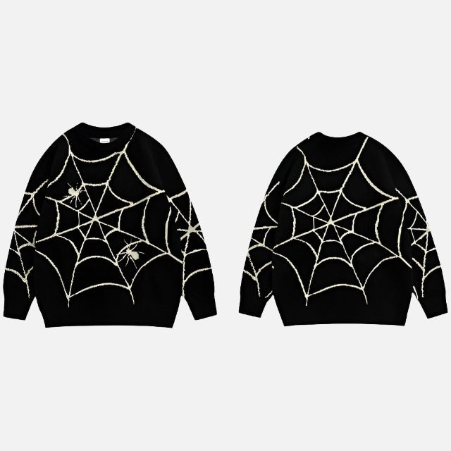 Full Print Spider Web Graphic Pullover Sweater