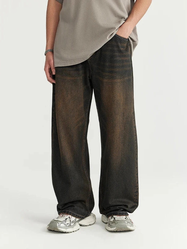 Sand Washed Wide Leg Denim Jeans