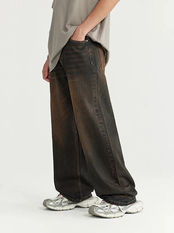 Sand Washed Wide Leg Denim Jeans