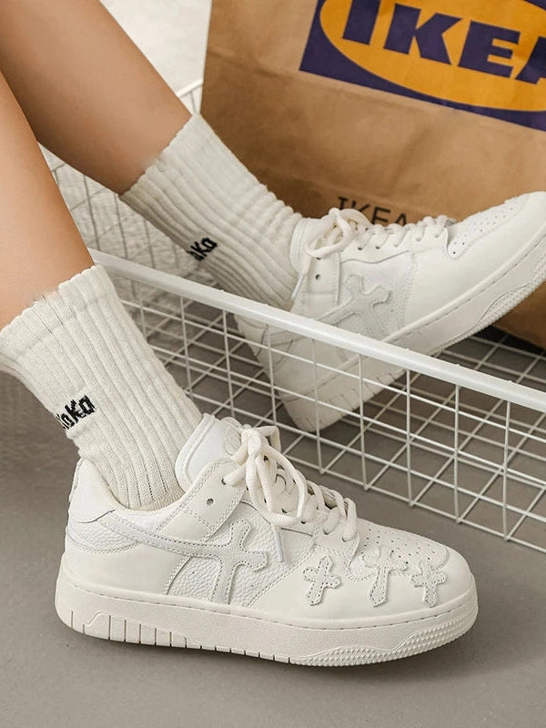 White Cross Pattern Unisex Retro White Sneakers