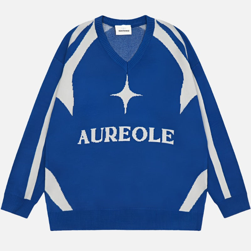 Y2k Aureole Center Star Knit V-Neck Pullover