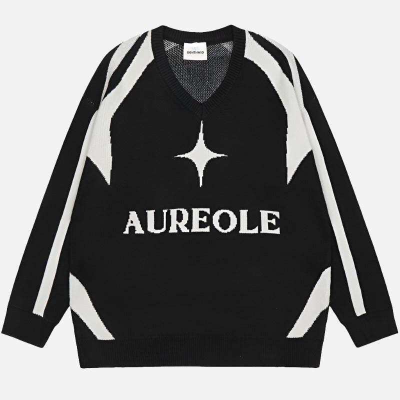 Y2k Aureole Center Star Knit V-Neck Pullover