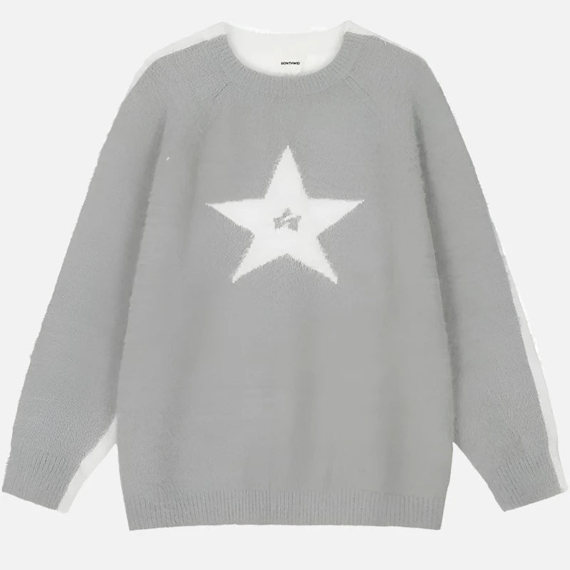 Y2k Solid Color Star Knit Casual Sweater