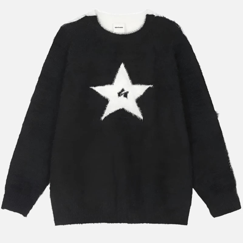 Y2k Solid Color Star Knit Casual Sweater