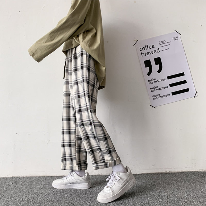 Khaki Checkered Elastic Waist Plaid Summer Pants