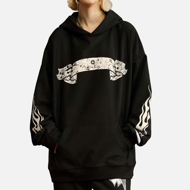 Flame Graphic Punk Loose Hoodie