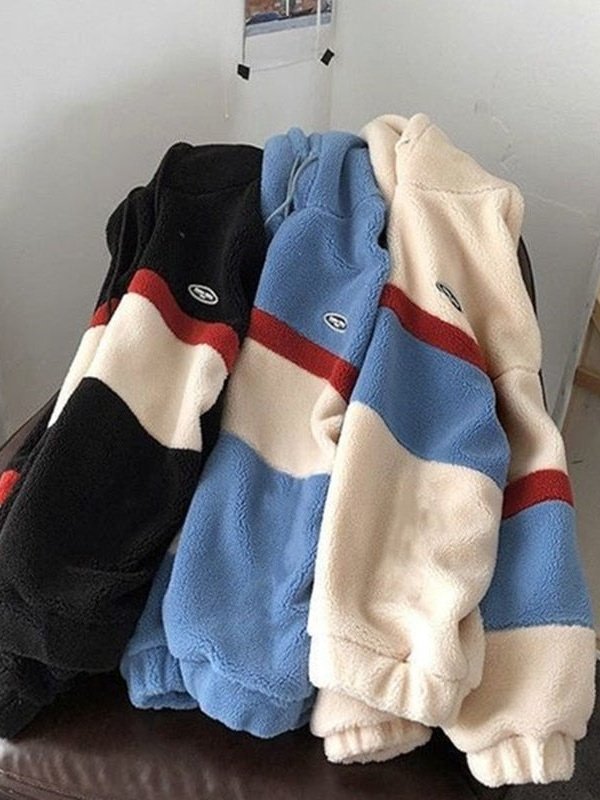 Fluffy Patchwork Baggy Multi-Striped Casual Hoodie