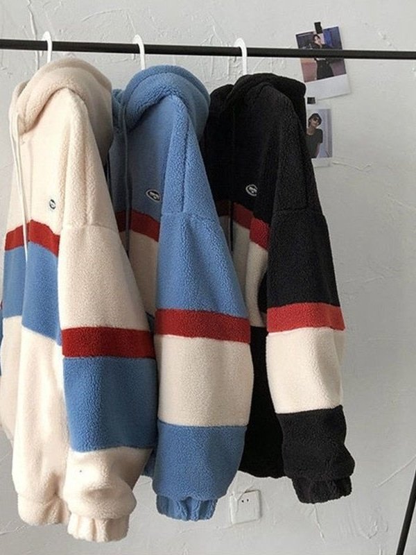 Fluffy Patchwork Baggy Multi-Striped Casual Hoodie