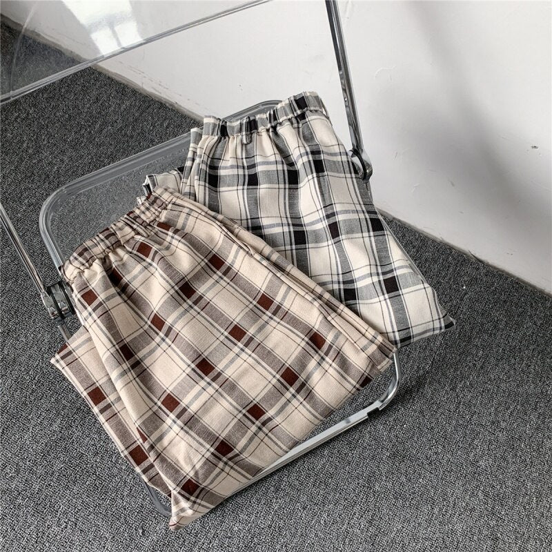 Khaki Checkered Elastic Waist Plaid Summer Pants