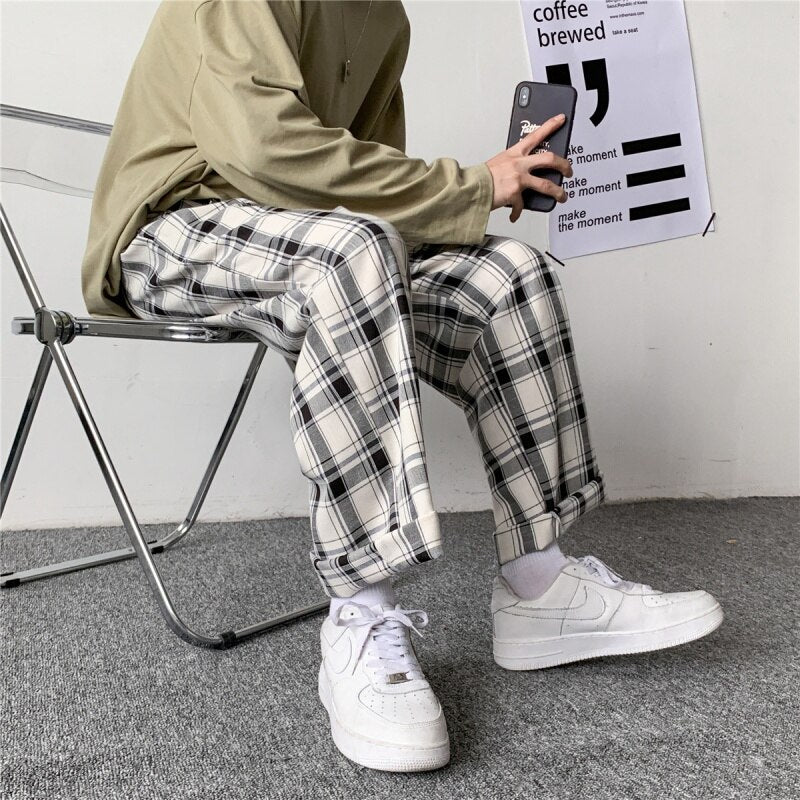 Khaki Checkered Elastic Waist Plaid Summer Pants